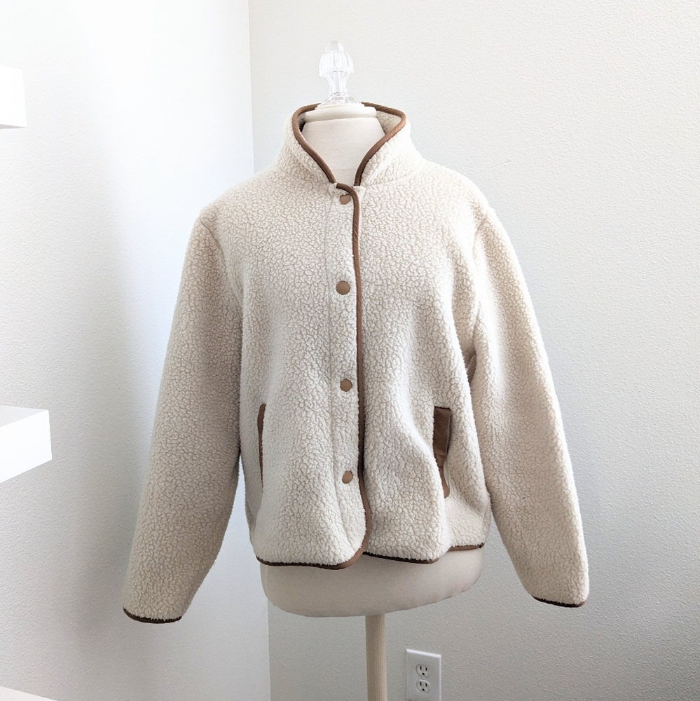 J.Crew Polartec® sherpa fleece jacket | Old Lace / Cream | brown trim | Small